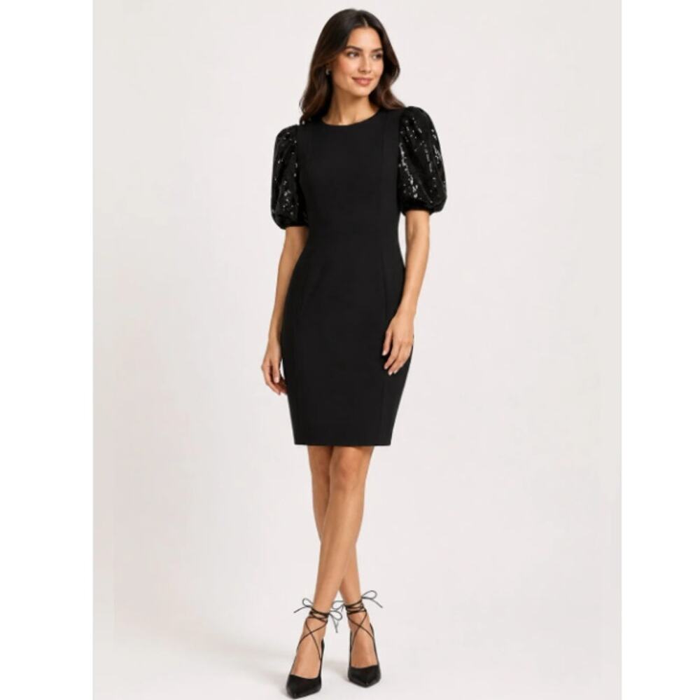 Calvin Klein Black Sequin Puff Sleeve Sheath Dress, Sz 4